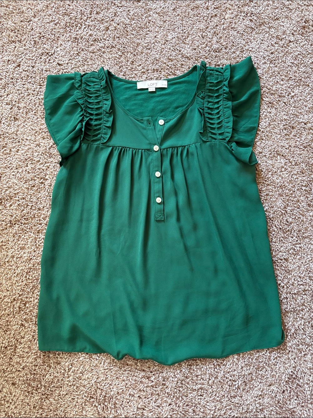 LOFT Green Ruffle Sleeve Henley Blouse